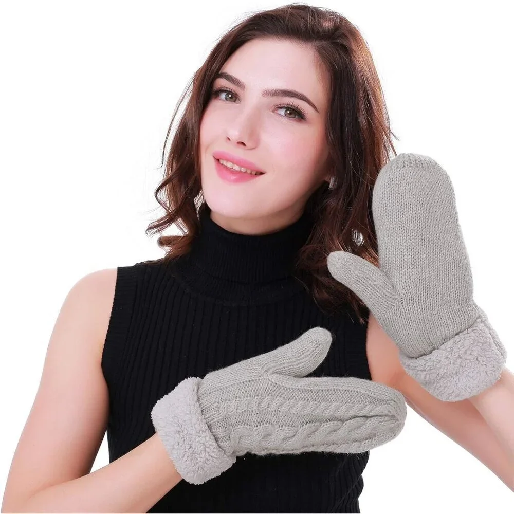 Women's Gray Gray Hat Winter Warm Imported Fleece Lining Wool Knit Thick Gloves